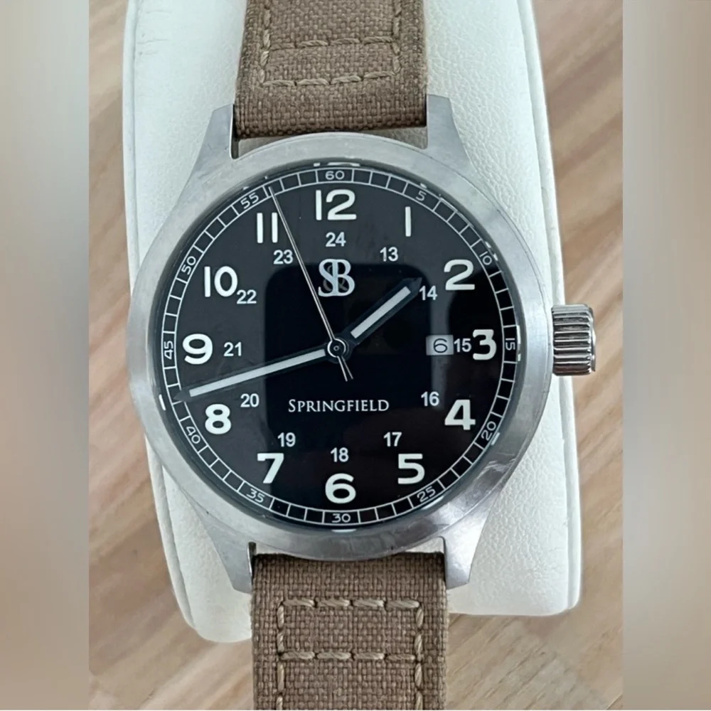 Smith & Bradley Men's Rare Vintage Watch Stainless Case Canvas Strap Black Dial